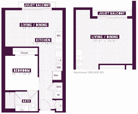 Floor plan for studio, 1 bath, 639 sqft